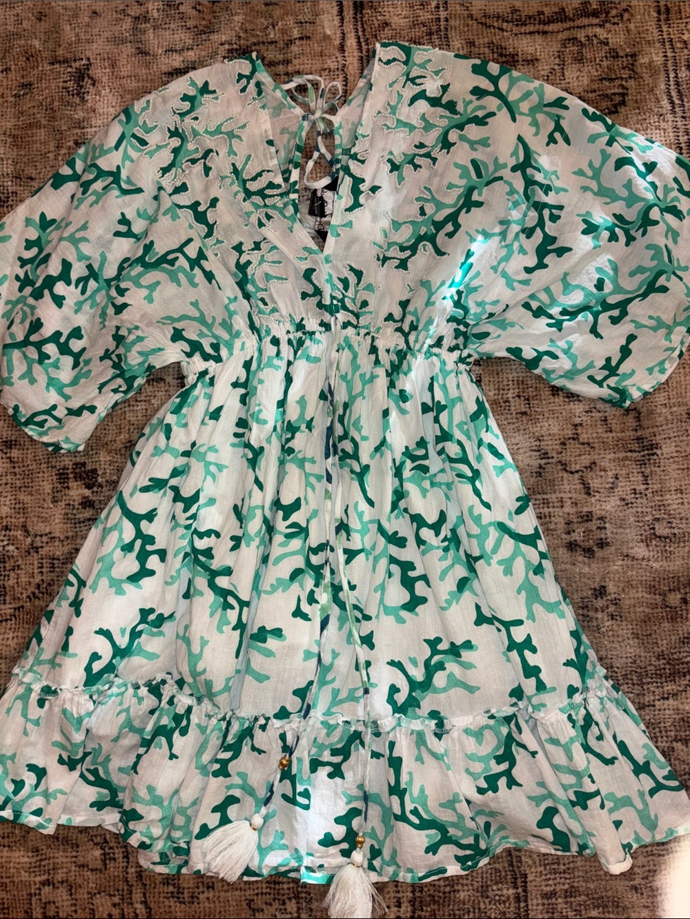 Green Coral Print Womens Dress with Tassel Tie - Picture 2 of 10
